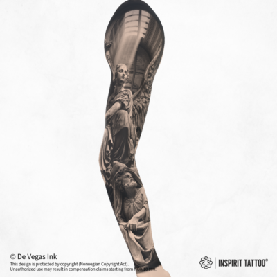 Engel og skulptur full sleeve tattoo design